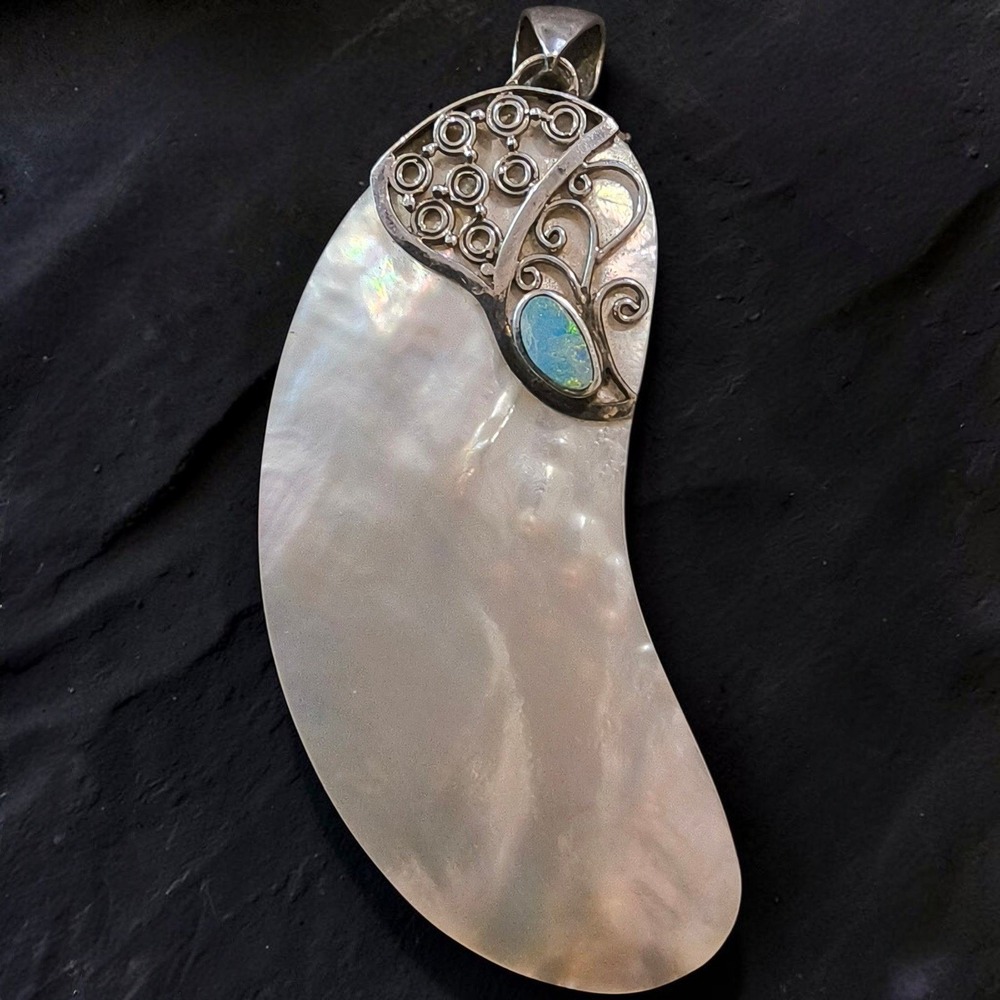 Vintage Mother of Pearl Opal 925 Sterling Silver Filigree Pendant 3" Large